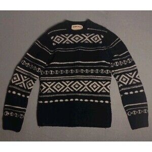 Ezra Fitch Sweater Men's LARGE Navy Hand Knit Lambs Wool Fair Isle Crewneck